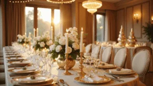 Elegant dinner party tablescape in a grand ballroom featuring a marble table dressed in ivory silk, gold-rimmed plates, crystal glassware, and floral arrangements, illuminated by golden hour light and chandeliers, with intimate string lights overhead.