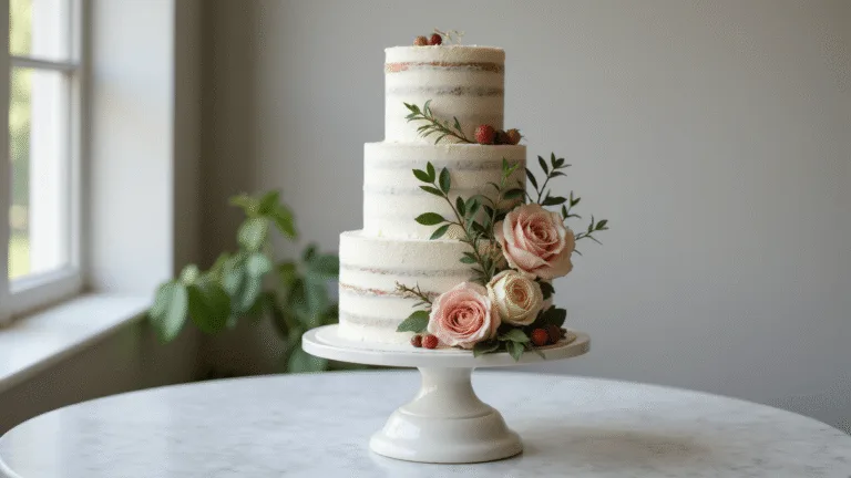 A three-tiered semi-naked wedding cake featuring layers of vanilla cake and smooth white buttercream, decorated with blush and cream garden roses, wild berries, and eucalyptus leaves, displayed on an antique pedestal stand in a professional bakery setting with soft morning light.