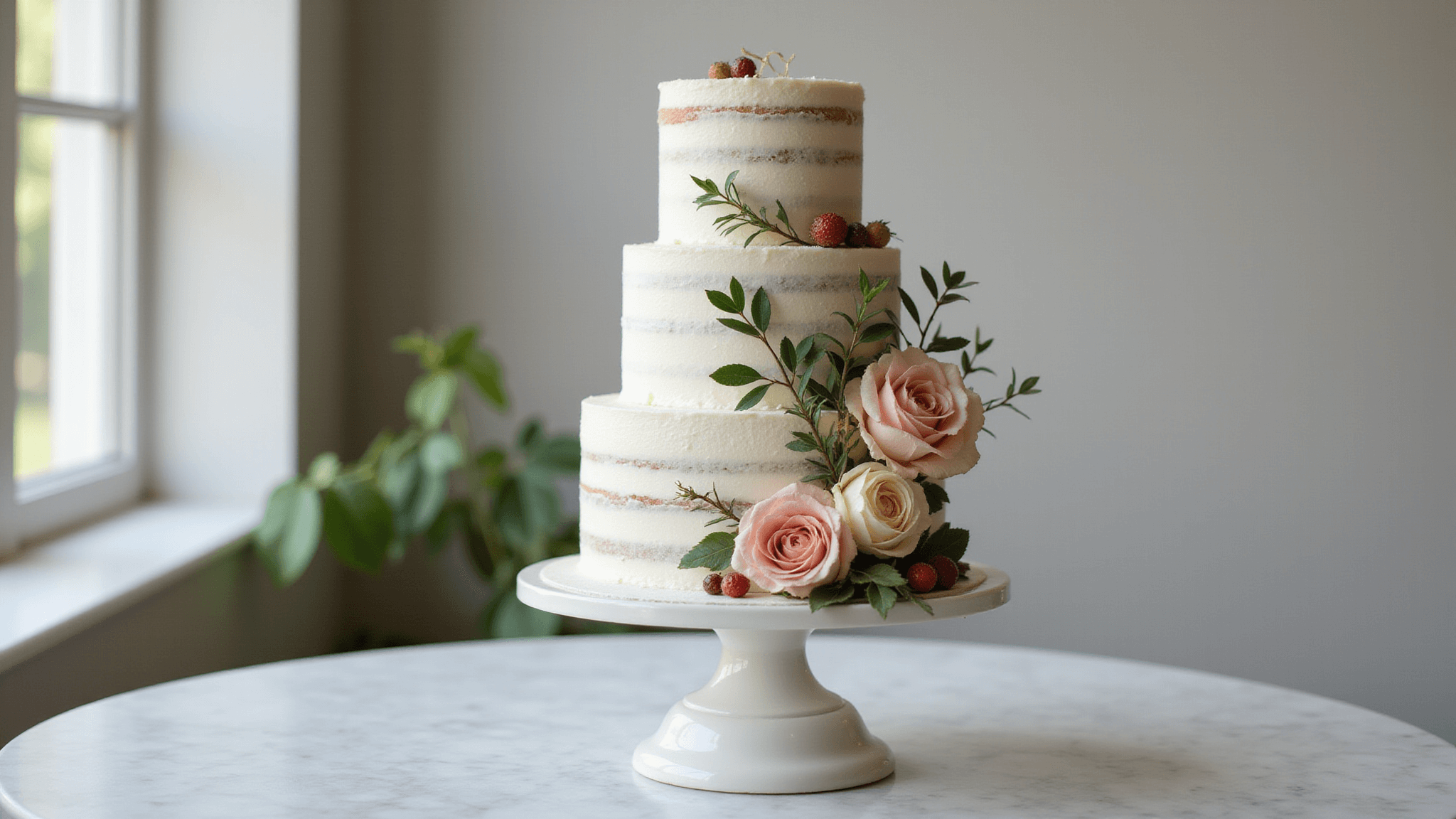 A three-tiered semi-naked wedding cake featuring layers of vanilla cake and smooth white buttercream, decorated with blush and cream garden roses, wild berries, and eucalyptus leaves, displayed on an antique pedestal stand in a professional bakery setting with soft morning light.