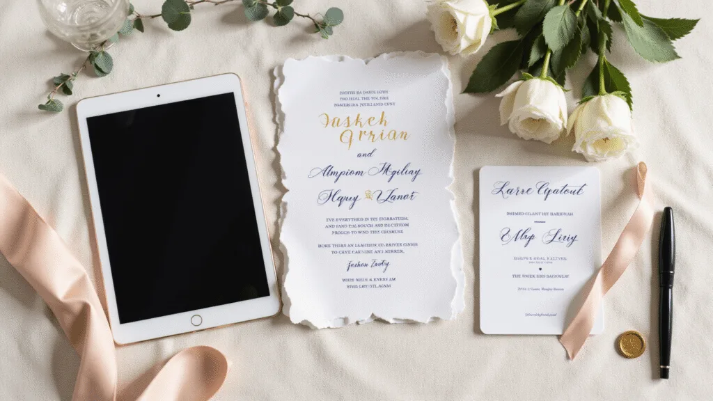 Elegant dinner party invitation flatlay featuring digital e-vite and luxurious paper invite with gold foil lettering, styled with a vintage fountain pen, white garden roses, gold wax seal, blush pink silk ribbon, eucalyptus leaves, and a crystal champagne coupe, on a textured cream linen background with soft natural lighting.