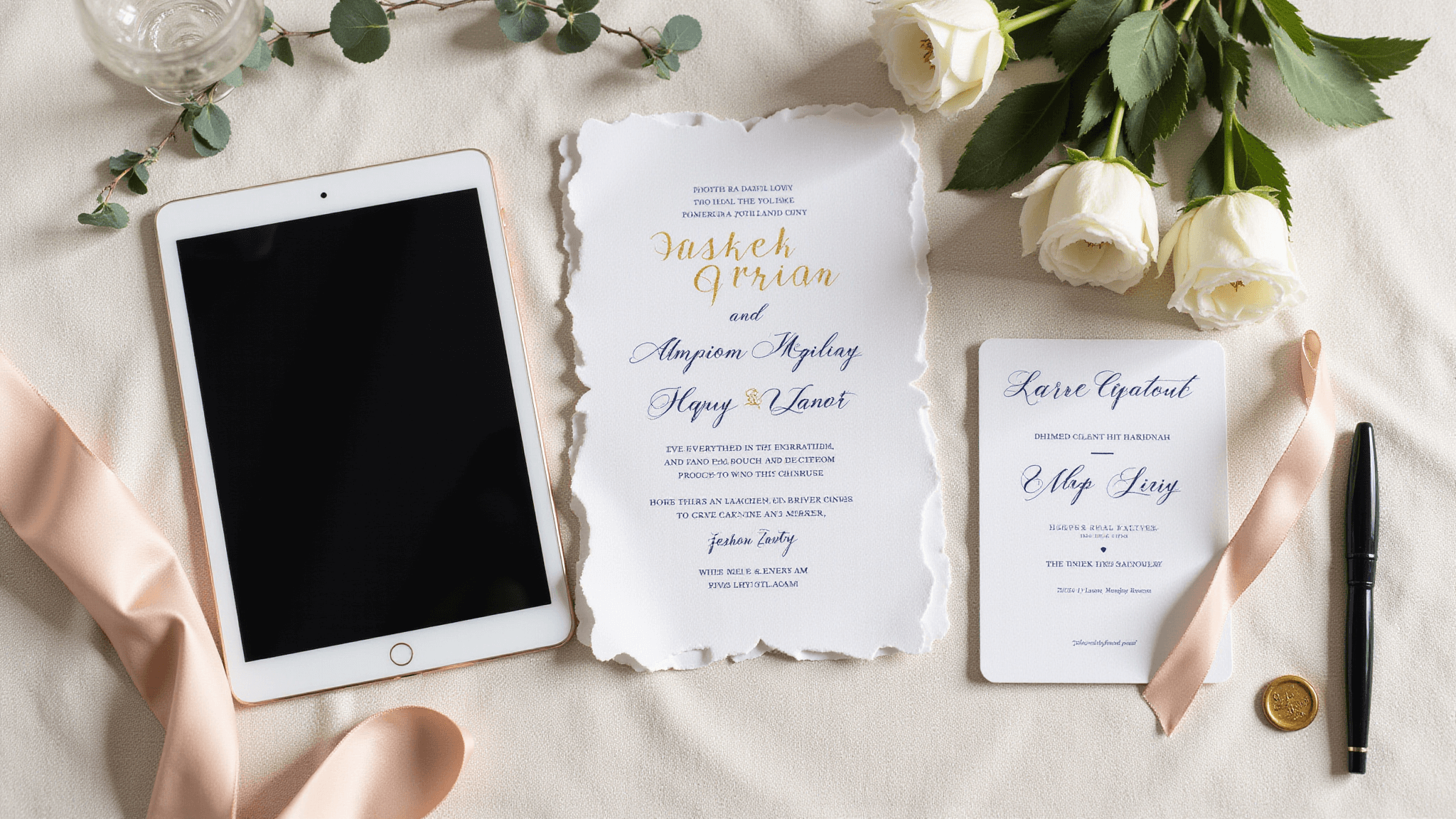 Elegant dinner party invitation flatlay featuring digital e-vite and luxurious paper invite with gold foil lettering, styled with a vintage fountain pen, white garden roses, gold wax seal, blush pink silk ribbon, eucalyptus leaves, and a crystal champagne coupe, on a textured cream linen background with soft natural lighting.