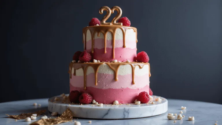 A photorealistic two-tiered pink ombré birthday cake with gold ganache drip, topped with a rose gold "22" and adorned with raspberries and chocolate pearls, set on a marble pedestal against a dark moody background.