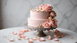 A luxurious two-tier pink birthday cake with gold accents and pearl details, adorned with fresh blush roses, displayed on a vintage silver stand against a soft-focus marble backdrop, surrounded by scattered rose petals and gold sprinkles.
