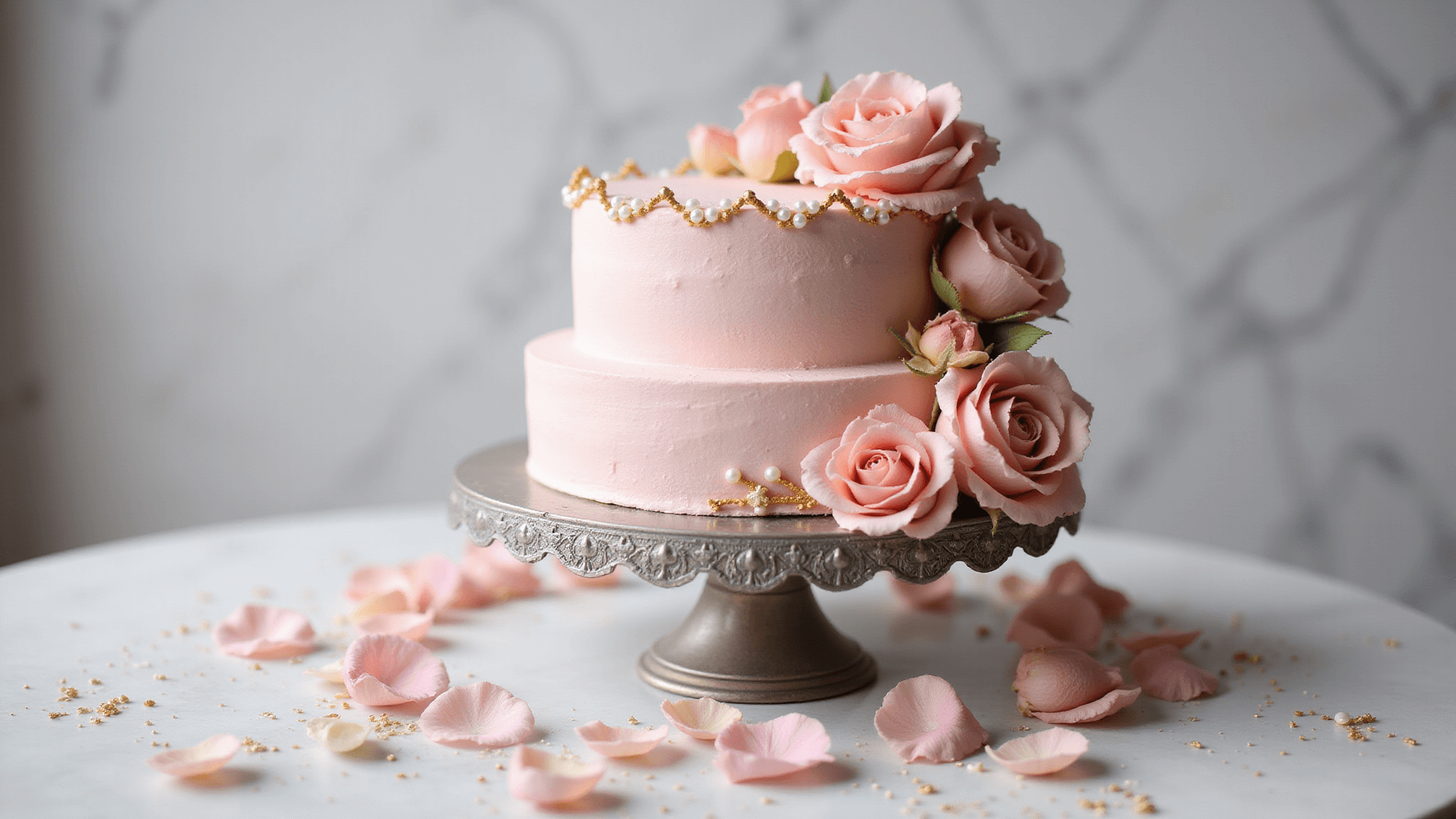A luxurious two-tier pink birthday cake with gold accents and pearl details, adorned with fresh blush roses, displayed on a vintage silver stand against a soft-focus marble backdrop, surrounded by scattered rose petals and gold sprinkles.