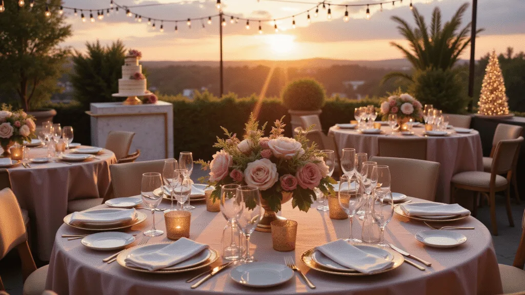 Elegant birthday dinner party setup on a luxurious rooftop terrace at golden hour, featuring blush silk linens, crystal glasses, floral centerpieces, fairy lights, a marble dessert cart with a naked cake, and a champagne tower, all captured in soft bokeh and rich textures.