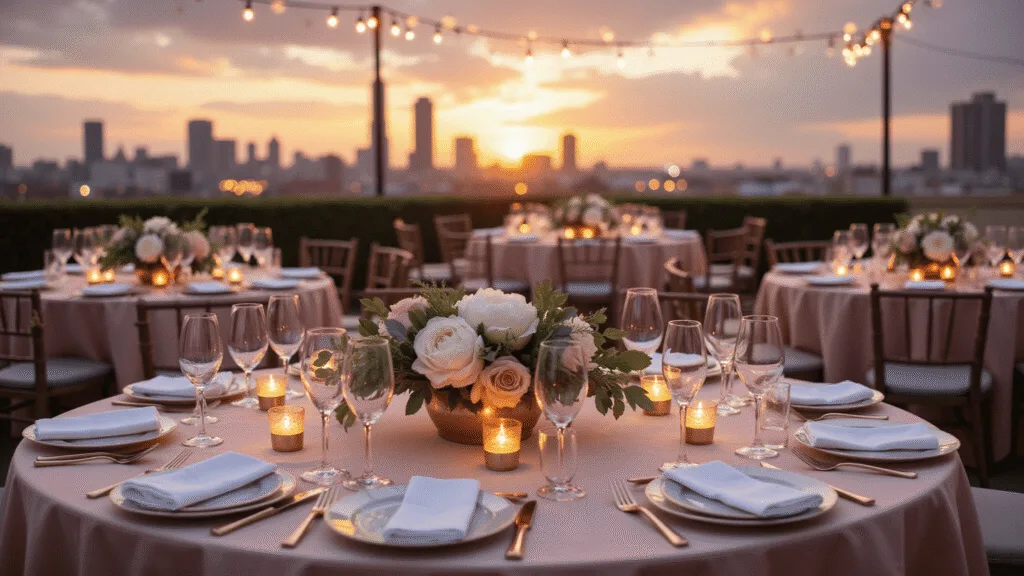 Elegant rooftop dinner party at golden hour, featuring round tables with blush pink silk linens, crystal champagne flutes, rose gold cutlery, and low floral centerpieces. Twinkling fairy lights overhead illuminate the city skyline backdrop, creating a warm, intimate atmosphere.