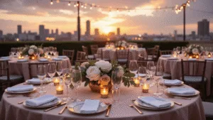 Elegant rooftop dinner party at golden hour, featuring round tables with blush pink silk linens, crystal champagne flutes, rose gold cutlery, and low floral centerpieces. Twinkling fairy lights overhead illuminate the city skyline backdrop, creating a warm, intimate atmosphere.