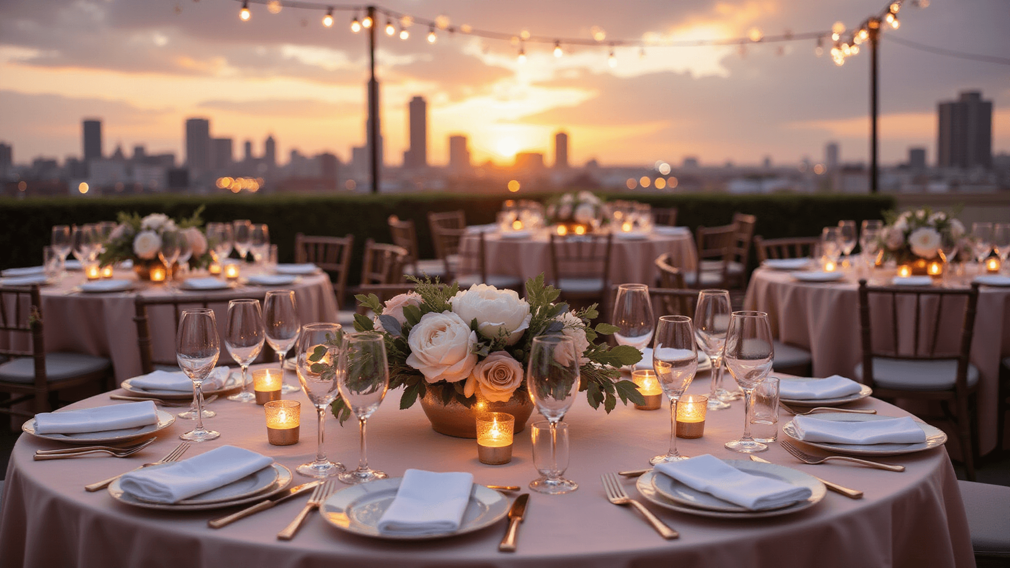 Elegant rooftop dinner party at golden hour, featuring round tables with blush pink silk linens, crystal champagne flutes, rose gold cutlery, and low floral centerpieces. Twinkling fairy lights overhead illuminate the city skyline backdrop, creating a warm, intimate atmosphere.