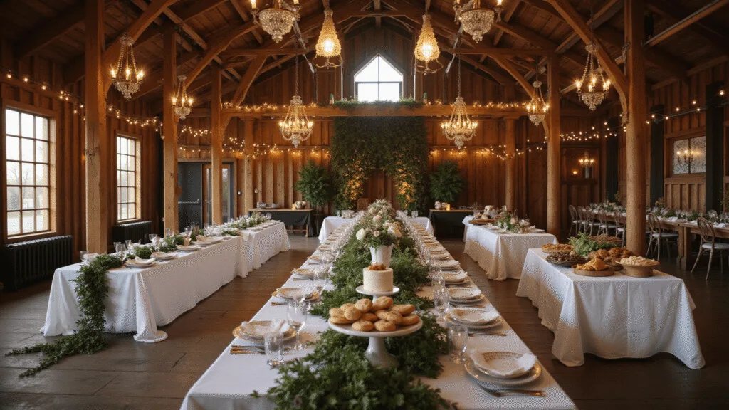A sophisticated dinner party setup in a rustic barn with soaring wooden beams, featuring long farmhouse tables dressed in white linens, vintage mismatched china, and a dramatic dessert display, all illuminated by warm ambient lighting.