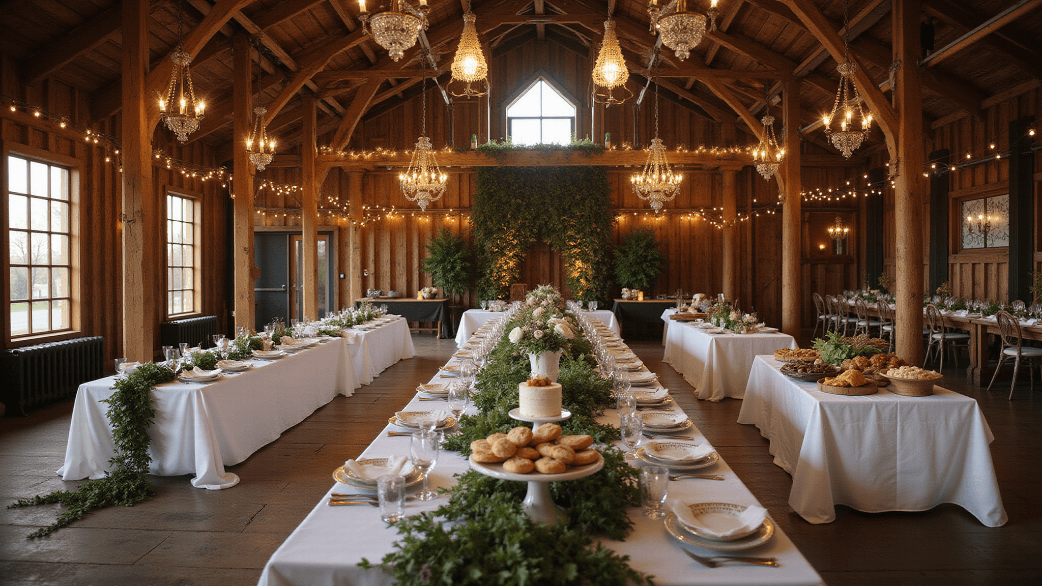 A sophisticated dinner party setup in a rustic barn with soaring wooden beams, featuring long farmhouse tables dressed in white linens, vintage mismatched china, and a dramatic dessert display, all illuminated by warm ambient lighting.