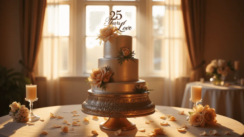 A luxurious three-tiered silver anniversary cake adorned with metallic silver leaf, blush and cream sugar flowers, and a "25 Years of Love" topper, elegantly displayed on a silver pedestal with a romantic ballroom setting and soft golden hour lighting.