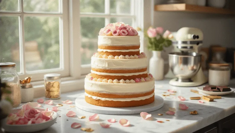 Photorealistic image of a luxurious three-tiered birthday cake being assembled on a marble countertop in a professional kitchen, featuring vanilla sponge, white buttercream, fresh rose petals, gold leaf, and pastel sprinkles, with natural light and blurred background elements.