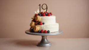 A luxurious two-tiered birthday cake with white buttercream frosting, adorned with fresh berries and golden macarons, topped with a gold "19" topper, on a silver stand against a warm bokeh background.