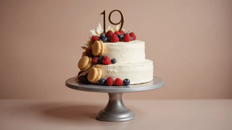 A luxurious two-tiered birthday cake with white buttercream frosting, adorned with fresh berries and golden macarons, topped with a gold "19" topper, on a silver stand against a warm bokeh background.