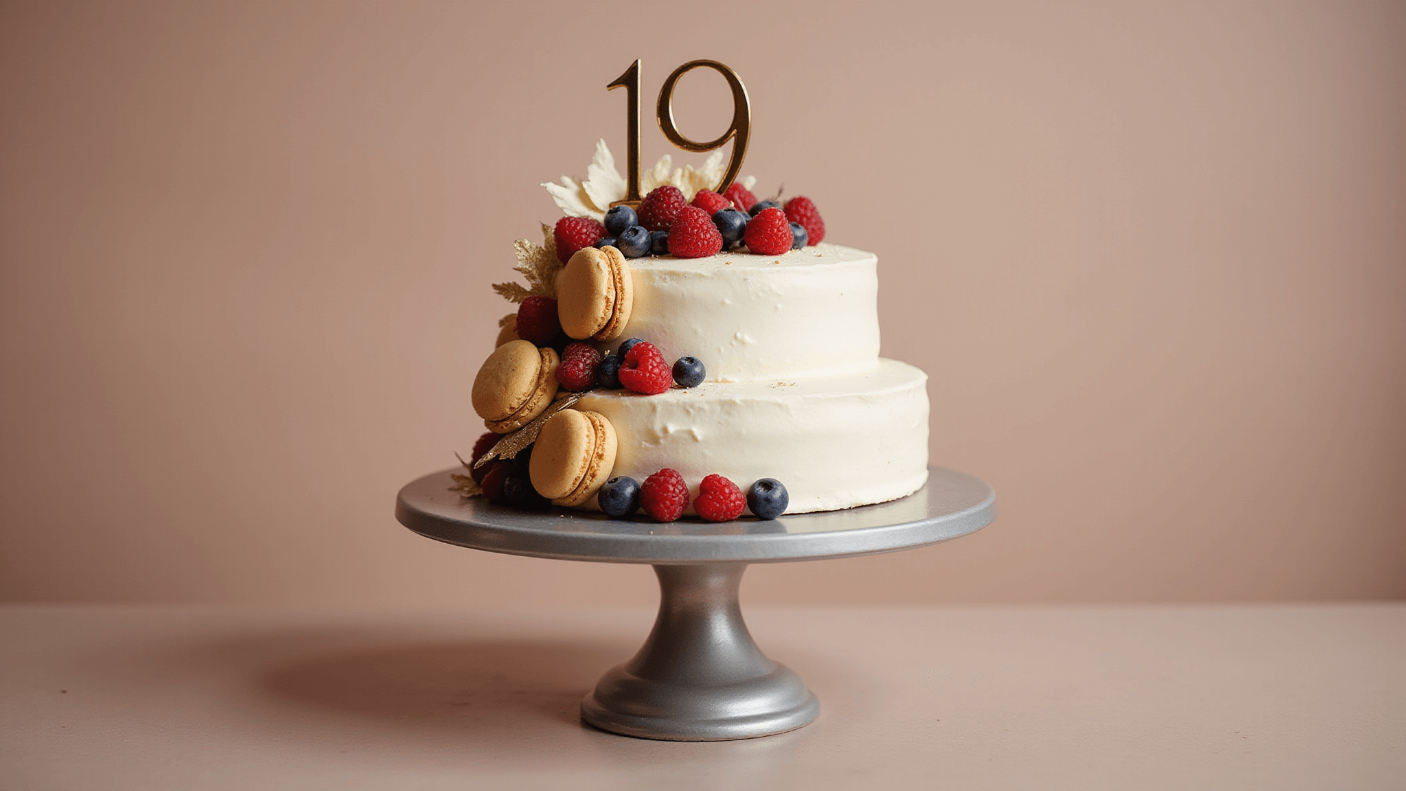 A luxurious two-tiered birthday cake with white buttercream frosting, adorned with fresh berries and golden macarons, topped with a gold "19" topper, on a silver stand against a warm bokeh background.