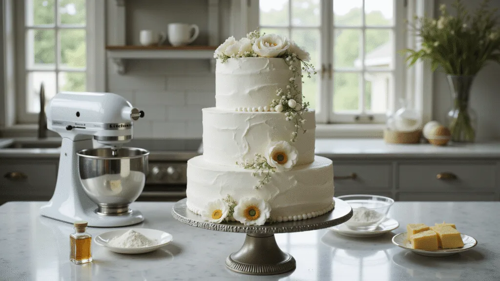 Photorealistic kitchen scene featuring a three-tiered white wedding cake adorned with fresh flowers and gold leaf, set on a silver cake stand, with baking ingredients arranged artistically in the background.