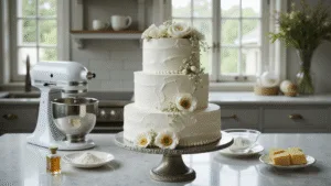Perfect White Wedding Cake: Your Ultimate Homemade Showstopper Photorealistic kitchen scene featuring a three-tiered white wedding cake adorned with fresh flowers and gold leaf, set on a silver cake stand, with baking ingredients arranged artistically in the background.