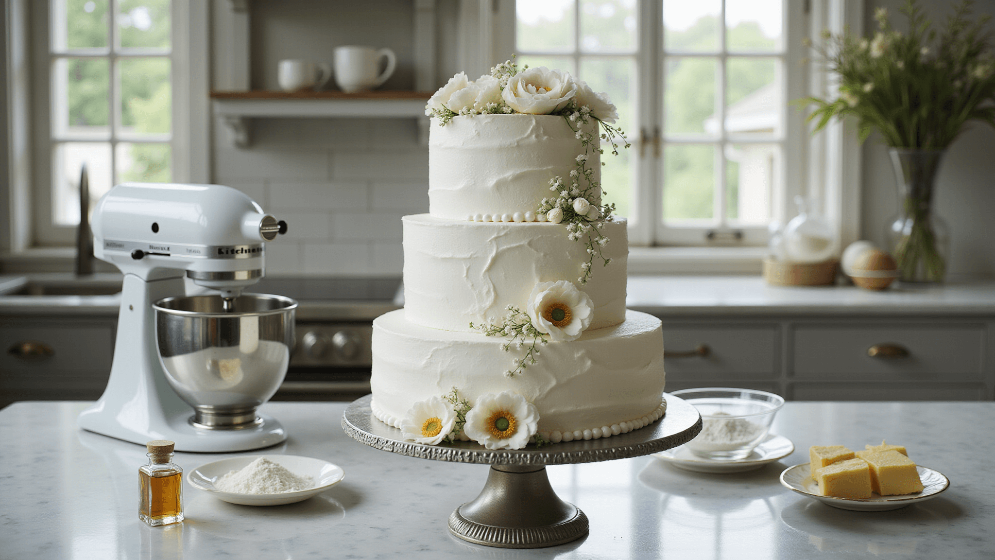 Photorealistic kitchen scene featuring a three-tiered white wedding cake adorned with fresh flowers and gold leaf, set on a silver cake stand, with baking ingredients arranged artistically in the background.