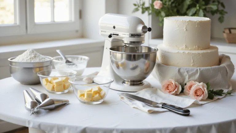 Photorealistic image of a sunlit pastry kitchen with a marble countertop displaying arranged baking ingredients, a pearl white KitchenAid mixer, glass bowls with ingredients, and a partially constructed 4-tier wedding cake adorned with buttercream and gold leaf, accented by blush roses and eucalyptus.