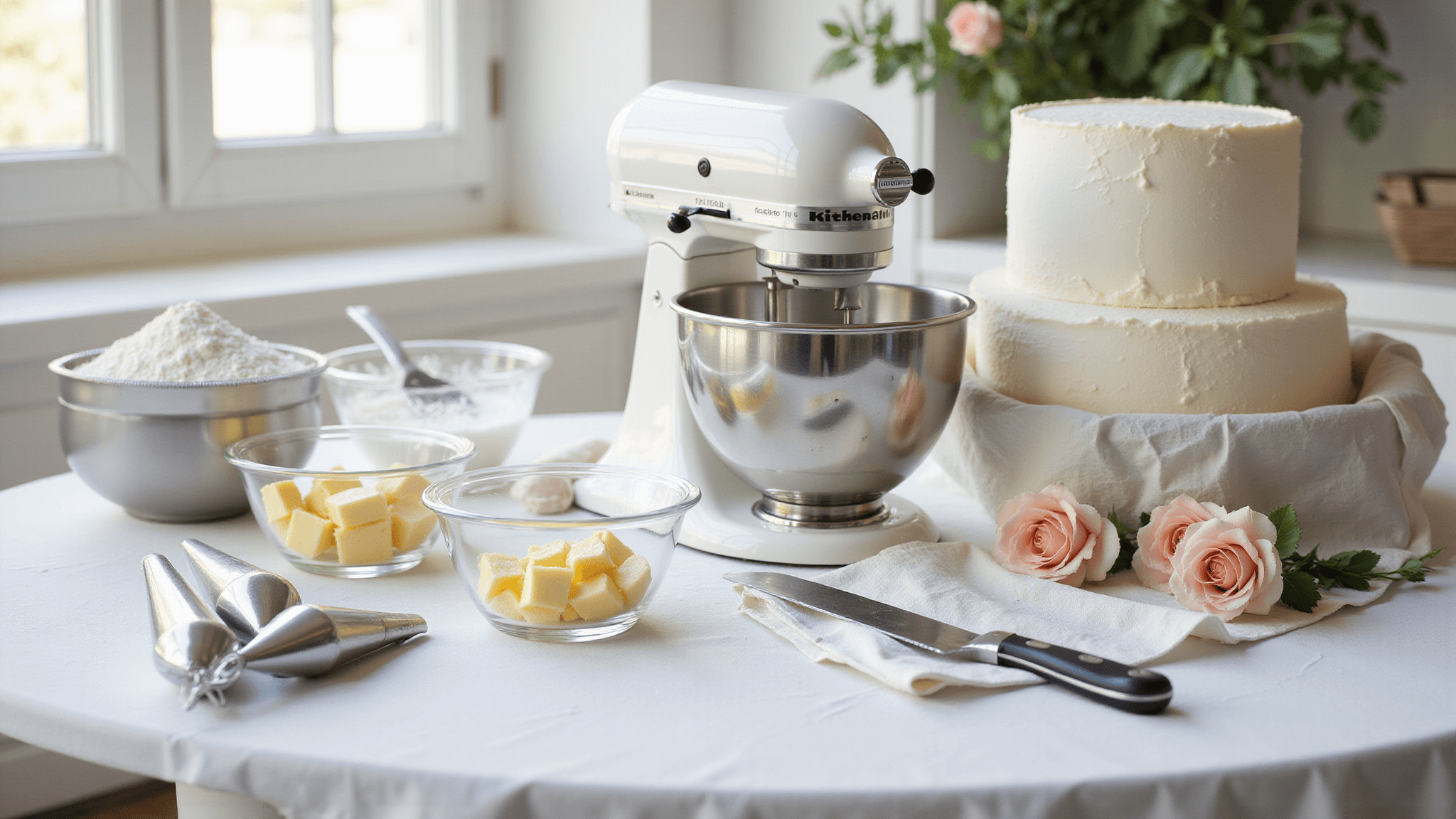 Photorealistic image of a sunlit pastry kitchen with a marble countertop displaying arranged baking ingredients, a pearl white KitchenAid mixer, glass bowls with ingredients, and a partially constructed 4-tier wedding cake adorned with buttercream and gold leaf, accented by blush roses and eucalyptus.