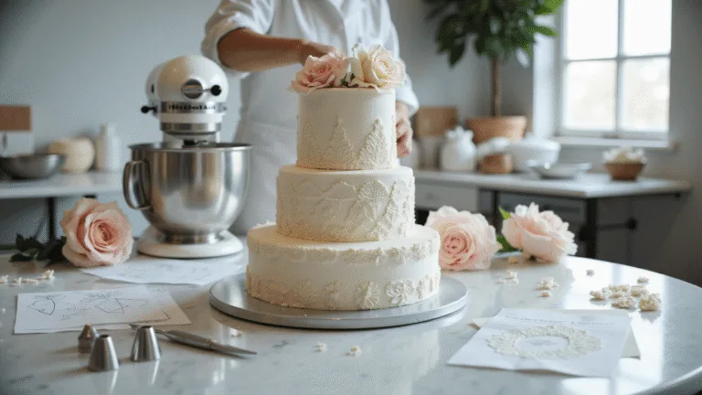 A professional bakery studio showcasing an elegant tiered wedding cake preparation with natural light, marble countertop, and premium decorating tools, featuring a pastry chef's hands working with pearl-white fondant and delicate lace patterns.