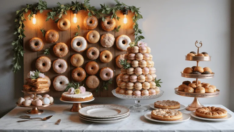 Photorealistic wedding dessert display featuring a rustic wooden donut wall with artisanal glazed donuts, a crystal-tiered macaron tower with pastel macarons, and a marble-topped bar with handcrafted pies, all illuminated by warm lighting and accented with fresh floral and greenery.
