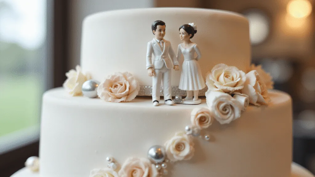 Photorealistic image of an elegant porcelain wedding cake topper featuring a bride and groom on a pristine white 3-tier cake adorned with sugar flowers, set in a softly lit reception venue with a blurred background.