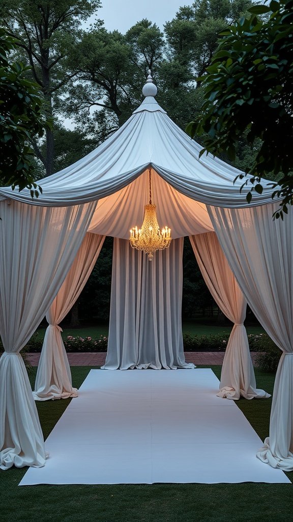 A beautifully draped white tent with a chandelier, set in a garden.