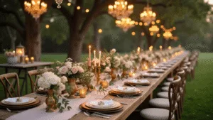Photorealistic scene of an elegant garden dinner party at golden hour, featuring a long wooden table set with blush linen, vintage gold-rimmed china, and lush floral arrangements. Crystal chandeliers and Edison bulbs hang overhead, casting warm light on the antique flatware and champagne glasses. Shallow depth of field enhances foreground details while the background remains softly blurred.