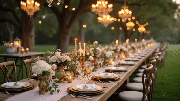 Photorealistic scene of an elegant garden dinner party at golden hour, featuring a long wooden table set with blush linen, vintage gold-rimmed china, and lush floral arrangements. Crystal chandeliers and Edison bulbs hang overhead, casting warm light on the antique flatware and champagne glasses. Shallow depth of field enhances foreground details while the background remains softly blurred.