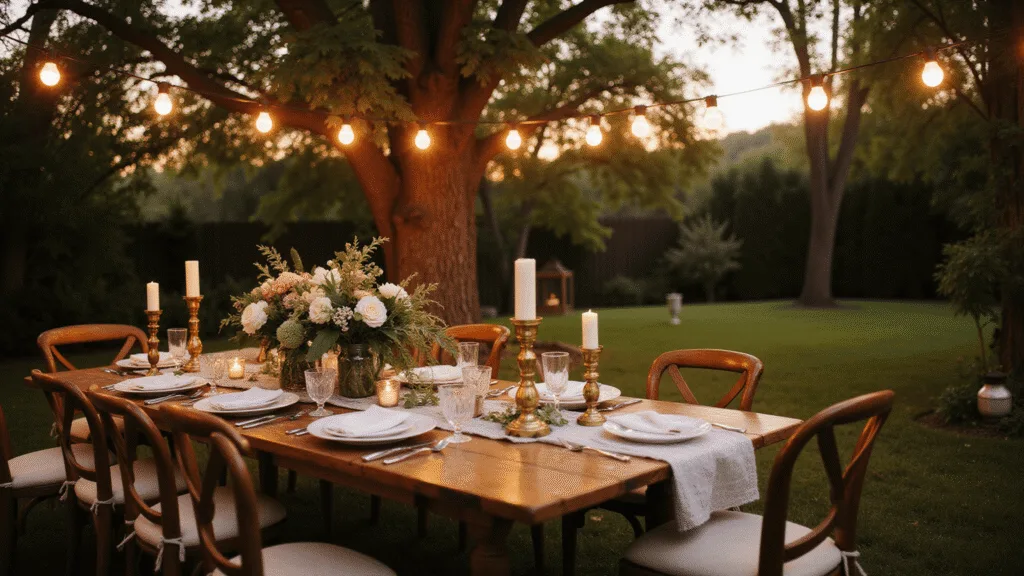 A dreamy backyard dinner party at magic hour, featuring a long farmhouse table adorned with vintage china, crystal glassware, and floral centerpieces, under twinkling Edison lights and surrounded by mature trees.