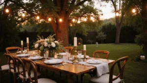 A dreamy backyard dinner party at magic hour, featuring a long farmhouse table adorned with vintage china, crystal glassware, and floral centerpieces, under twinkling Edison lights and surrounded by mature trees.