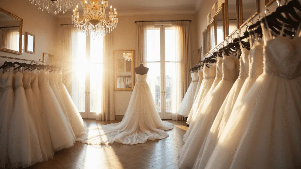 A dreamy bridal boutique bathed in golden hour light, showcasing an elegant white ball gown on a mannequin, surrounded by crystal chandeliers, gold-framed mirrors, and rows of pristine wedding dresses, with soft tulle and lace textures reflecting prismatic light.