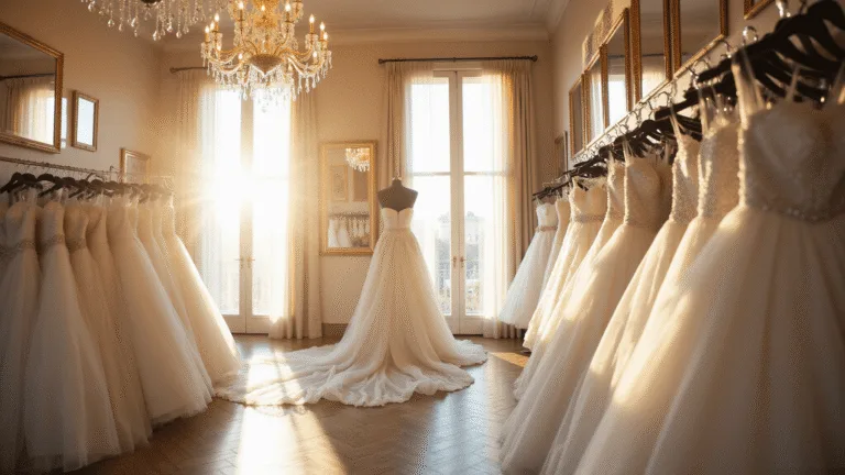 A dreamy bridal boutique bathed in golden hour light, showcasing an elegant white ball gown on a mannequin, surrounded by crystal chandeliers, gold-framed mirrors, and rows of pristine wedding dresses, with soft tulle and lace textures reflecting prismatic light.