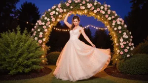 A bride in a champagne-colored ballgown twirls under a vintage rose arch at twilight, illuminated by soft string lights in a purple-blue garden, capturing movement with motion blur.