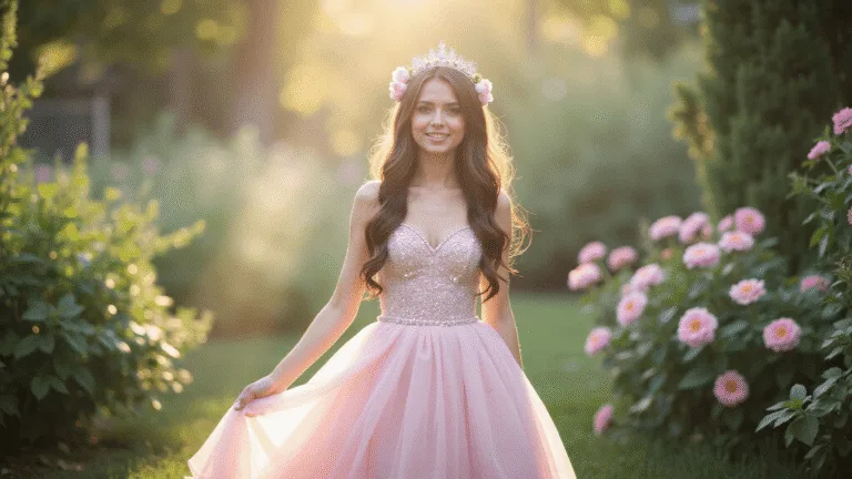 A young woman in a pastel pink tulle ballgown with crystal beading stands in a lush garden at golden hour, adorned with flowers and a crystal crown, surrounded by blooming roses and fairy lights, creating an ethereal atmosphere.