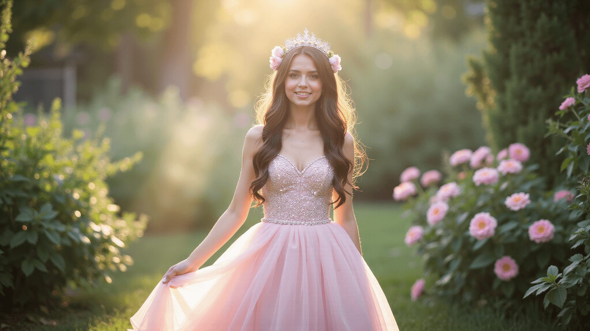 A young woman in a pastel pink tulle ballgown with crystal beading stands in a lush garden at golden hour, adorned with flowers and a crystal crown, surrounded by blooming roses and fairy lights, creating an ethereal atmosphere.