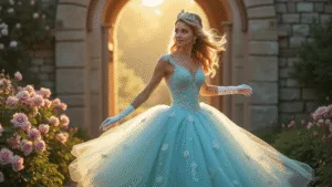 A young woman in a powder blue tulle ballgown twirls in a sunlit castle garden, surrounded by blooming roses, with a crystal tiara and white satin gloves. The scene features stone architecture and flowering archways in a dreamy, fairytale atmosphere during golden hour.