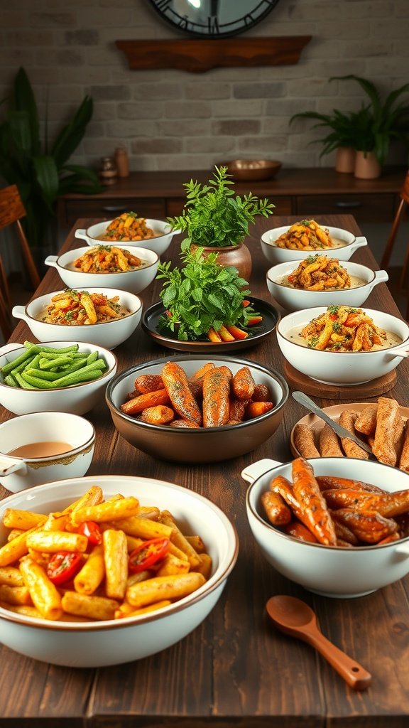 A farmhouse kitchen table set with various family-style serving dishes filled with colorful food and a green herb centerpiece.