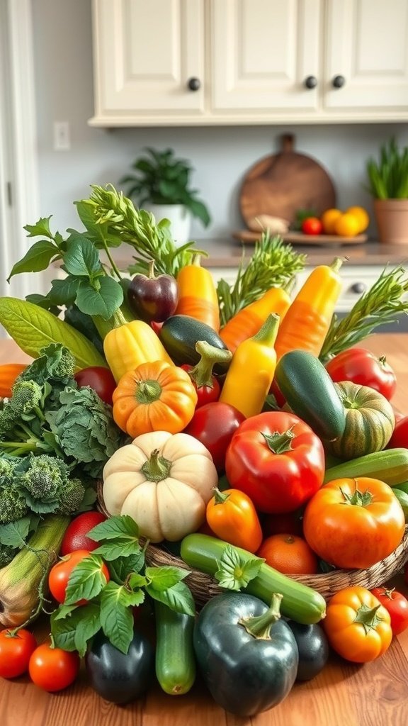 A vibrant display of fresh vegetables in a basket, showcasing the charm of farmhouse kitchen table settings.