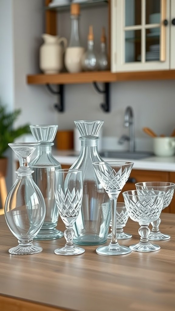 A collection of farmhouse-inspired glassware including carafes and stemware on a kitchen table.
