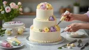 Stunning Flower Birthday Cake: A Masterpiece of Edible Art Photorealistic image of a professional cake decorating setup featuring a three-tiered white buttercream cake on a silver cake stand, surrounded by pastel piping bags and cake decorating tools, with a focus on hands piping delicate buttercream roses under soft natural lighting.