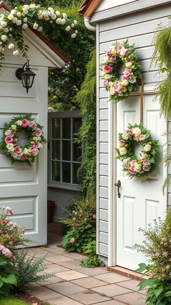 Floral wreaths hanging on doors surrounded by greenery