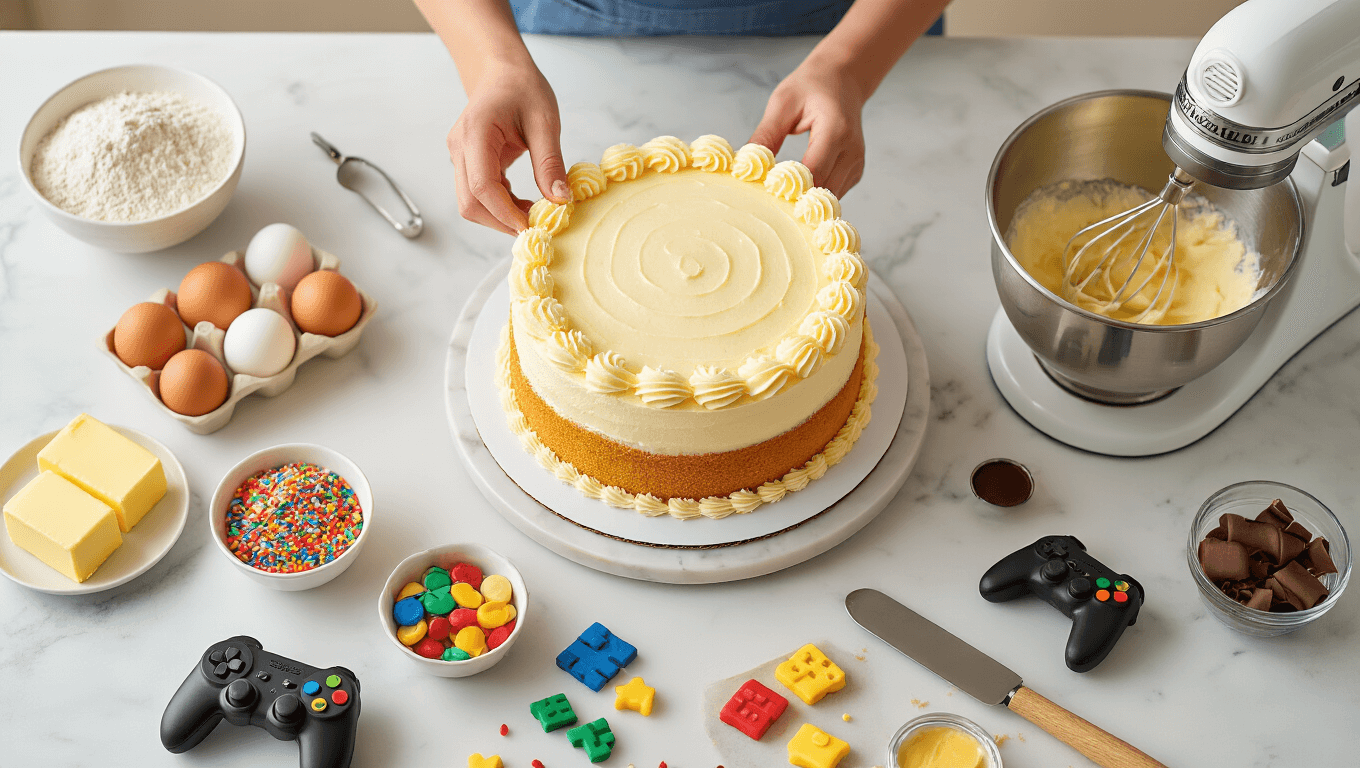A beautifully decorated 8-inch golden vanilla birthday cake on a rotating stand, surrounded by organized baking ingredients and gaming-themed fondant decorations, captured in warm, natural lighting with a professional aesthetic.