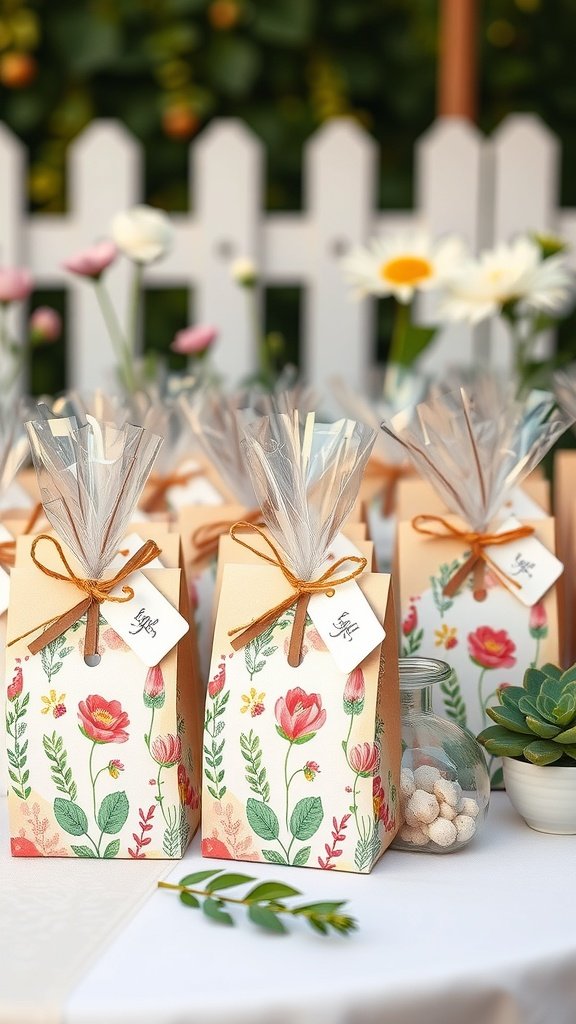Decorative favor boxes with floral designs on a table at a garden party