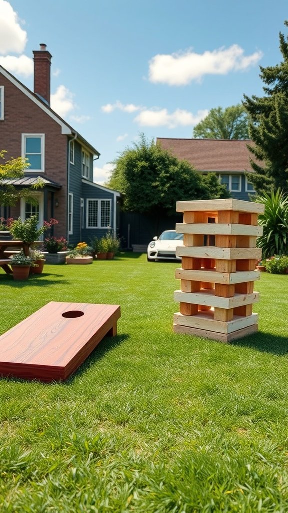 A garden party setup featuring a cornhole board and a giant Jenga set on a green lawn.