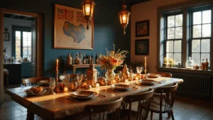 A beautifully set long rustic wooden table in an elegant dining room, decorated for a global-themed dinner party with eclectic tableware, warm ambient lighting, dramatic floral centerpieces, and international decor elements against deep blue walls, captured in cinematic detail during golden hour.