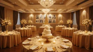 Hyperrealistic photograph of an elegant ballroom setup for a golden anniversary celebration, featuring round tables with gold silk tablecloths, white rose centerpieces in crystal vases, ambient lighting from chandeliers, a vintage photo gallery wall, a three-tiered anniversary cake, and a champagne tower, all captured in warm golden hour tones.