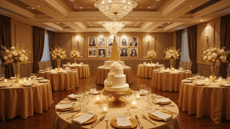 Hyperrealistic photograph of an elegant ballroom setup for a golden anniversary celebration, featuring round tables with gold silk tablecloths, white rose centerpieces in crystal vases, ambient lighting from chandeliers, a vintage photo gallery wall, a three-tiered anniversary cake, and a champagne tower, all captured in warm golden hour tones.