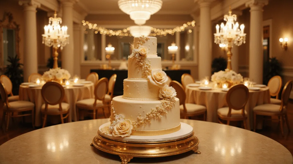 A luxurious 5-tier wedding anniversary cake with gold leaf detailing and sugar flowers in a grand ballroom, illuminated by warm chandelier lighting and framed by elegant table settings.